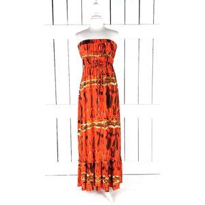 Sele orange brown boho tie dye water color strapless slinky ruffle maxi dress